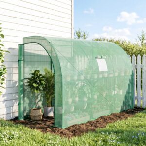 Udendørs drivhus med hylder og vinduer, vintersikkert filmdrivhus af stål, vægmonteret drivhus til altan, have, tomathus 300x150x213cm tomatdrivhus til grøntsager, blomster, planter, grønt