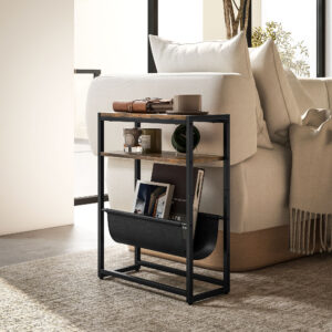 Sidebord, sofabord med 3-lags hylde, V-formet magasinholder, 43 x 18 x 56 cm, rustik brun