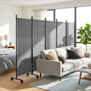 5-panels rumdeler, 252 x 40 cm, fritstående skærm med 12 hjul, foldbar skillevæg, gør-det-selv, mørkegrå