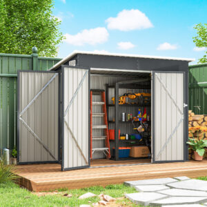 Metalskur 2,68 m², aflåseligt, redskabsskur med 3 døre, ventilation, hultag, handsker