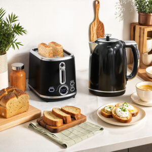 Elkedel- og Brødristersæt, LED-display, 1,7 liter, 2200W, Retrodesign, Hukommelsesfunktion, Sort