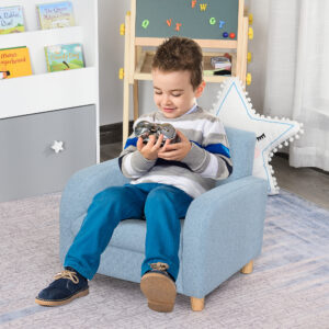 Børnelænestol børnesofa med tykt skum og tykke sædehynder børnesofa lænestol med skridsikre fødder til 3-5 år gamle børn træ hør skum blå 49 x 45 x 44,5 cm