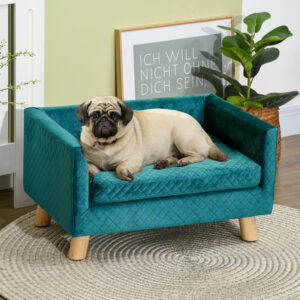 Hundesofa, hundeseng, hundesofa lavet af fløjl med ryglæn, træben, hynde, op til 8 kg, 64 x 45 x 36 cm, blå