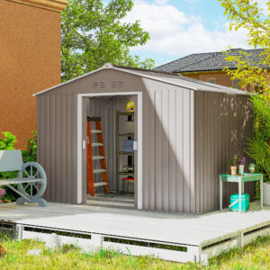 Haveskur i galvaniseret stål 4,9m² 277x195x192cm redskabsskur med gavltag, fundament, aflåselig skydedør, vejrbestandigt havehus, udendørs haveskur til baghaven lysegrå