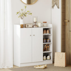 Skoskab Skoreol Kommode med 2 døre og 4 rum til entré i hvid 83x30x90cm, Pladsbesparende & Moderne