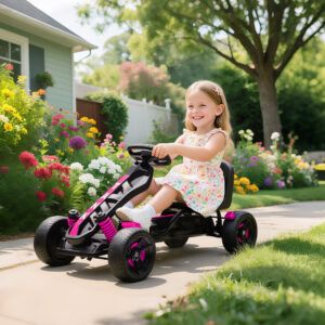 Gokart med pedaler, pedalbil til børn med bremse, skridsikre hjul, metalramme, 3-6 år, pink
