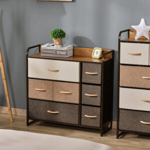 Kommode med 7 skuffer i hør, skuffeelement med metalramme til stue, 80x29x78,5 cm