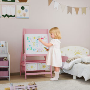 Børnestaffeli 3 i 1 børnetavle med tavle, whiteboard, papirrulle, 2 opbevaringskasser, til 3-8 år, lyserød