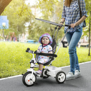 6-i-1 trehjulet cykel med skubbehåndtag til børn 1-5 år, aftagelig solskærm, justerbart hjul, kopholder og kurv, hvid