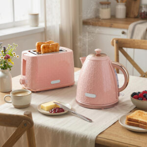 Elkedel- og brødristersæt, 1,7L 2200W hurtigkogende elkedel med automatisk slukning og 2-skivers brødrister med krummebakke, pink