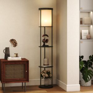 Gulvlampe med 3 Hylder, Rundt Design, Fjernbetjening, Fodkontakt, Justerbar Lystemperatur, Til Stue, Sort