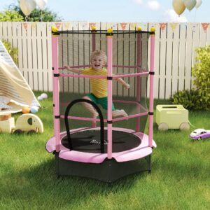 Børnetrampolin Ø140 cm, Trampolin med sikkerhedsnet, Kantbetræk, Havetrampolin til børn 3-10 år, Belastningskapacitet op til 50 kg, Pink