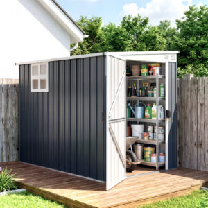 Metal redskabsskur 2,7m² 128x231x181cm redskabsskur med tagvindue, aflåselig dør, vejrbestandigt havehus, udendørs haveskur til baghave, udendørsområde, mørkegrå