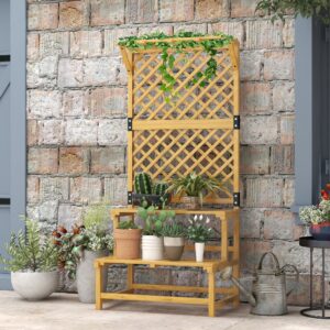 Plantestativ, blomsterhylde, 2 etager, med espalier og tag, fyrretræ, 75x50x166cm, gul