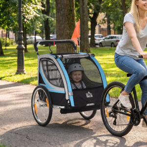 Cykeltrailer 2 i 1 Barnevogn, 360° Drejelig, Stål Oxford, Blå+Sort