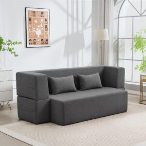 2-personers skumsovesofa, sovesofa med brede armlæn, 2 puder, 360 kg lasteevne, grå