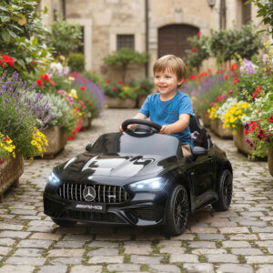 Elbil til børn, Mercedes-design, 12V-motorer, fjernbetjening, LED-lys, musik, til 3-6-årige, sort