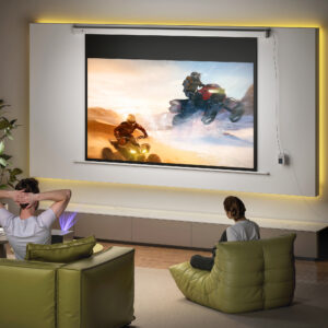 Projektorlærred 212 x 150 cm (120 tommer) 16:9 HD 4K projektionslærred, elektrisk med fjernbetjening, hvid