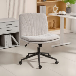 Hjemmekontorstol, skrivebordsstol med linnedlook, højdejusterbar, krydsbensposition, drejestol med gyngefunktion, beige