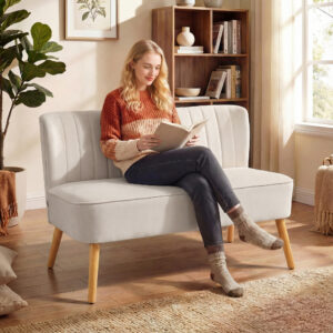 Retro design sofa, 2-personers sofa, træben, 117 cm x 56,5 cm x 77 cm, cremehvid