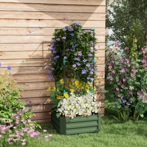 Solrigt højbed med espalier, blomsterkasse og køkkenhave, plantekasse af galvaniseret stål, ideel til have og altan, grøn