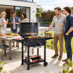 Kulgrill BBQ-ryger med låg, termometer, højdejusterbar kulpande, skorsten, grillrist, sidebord, askeskuffe