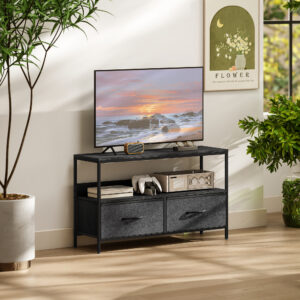 TV-skab/lavskab med 2 skuffer, åbent rum, til TV op til 47 tommer, 98 x 29 x 56 cm, sort + mørkegrå