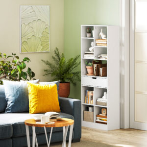 Bogreol med 9 hylder og 1 skuffe, opbevaringsenhed med anti-tip-anordning, kontorreol til stue, kontor, 60 x 26 x 158 cm, hvid