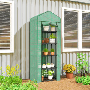 Drivhus med rulledør, hylder, vintersikkert stålfilmdrivhus, drivhus til altan, have, tomathus 69 x 49 x 193 cm, tomatdrivhus til tomater, grøntsager, blomster, grøn
