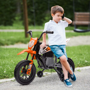 El-motorcykel til børn, 12V børnemotorcykel med musik, børnekøretøj med aftagelige støttehjul, 2,4-5 km/t, til 3-6-årige, maks. 30 kg, orange