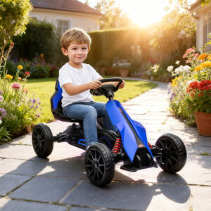 Gokart, Børnekøretøj med Justerbart Sæde, Pedalbil, Pedalbil med Håndbremse, Kettcar til Børn i Alderen 3-8, Blå