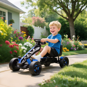 Gokart med pedaler, pedalbil til børn med bremser, skridsikre hjul, metalramme, 3-6 år, blå