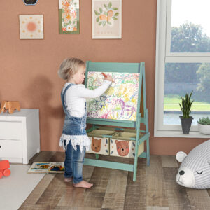 3-i-1 børnestaffeli med papirrulle, tavle, whiteboard, opbevaringskurve, 54 x 46,5 x 93 cm, grøn