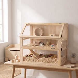 Hamsterbur lavet af træ 3 niveauer Nagarium gnaverbur smådyrsbur med foldelåg, løbehjul og tilbehør, smådyrsbur træbur bur til hamstere dværghamstere 80 x 50 x 76 cm naturligt træ