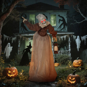 150 cm Halloween-dekoration Halloween-heks med LED-lys, lydfunktion, justerbare arme og hoved