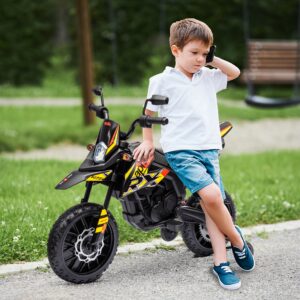 El-motorcykel til børn, 12V børnemotorcykel med musik, 6 km/t børnekøretøj med aftagelige støttehjul, 12-tommer plastikdæk, til 3-8-årige, maks. 30 kg, gul