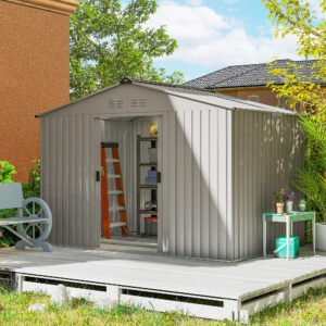 Metalhaveskur med skydedøre og ventilationsvinduer, 277 x 195 x 192 cm, grå