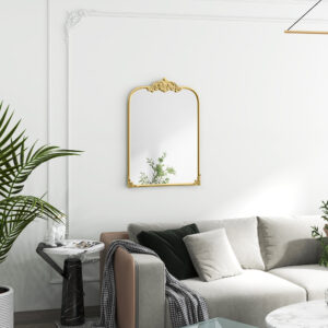 Vægspejl 60 x 87 cm barokstil badeværelsesspejl med dekorativ metalramme til stue og soveværelse i guld