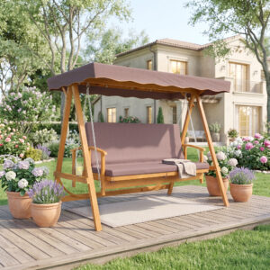 2-i-1 verandagynge med lænefunktion, 3-personers trægynge til haven, trægynge med soltag og siddehynde, gyngebænk op til 330 kg, til have, terrasse, 236 x 130 x 181 cm, brun