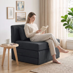 2-i-1 sovesofa, foldbar sovesofa med hørtekstur, polstret gæsteseng, klapstol, mørkegrå