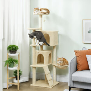Kradsetræ 160 cm kattetårn med hængekøje, stige, hule, 2 plysbolde, sisalstolper, 48 x 48 x 160 cm, beige