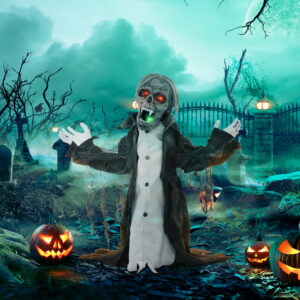 Halloween-dekoration, skelet/zombie, bevægelig, bevægelsessensor, LED'er og lyde, 75 cm
