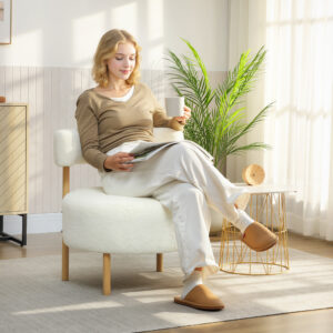 Lænestol, loungestol, lænestol med sherpa fleece, metalben i trælook, polstret lænestol, 67 x 67 x 71 cm, cremehvid