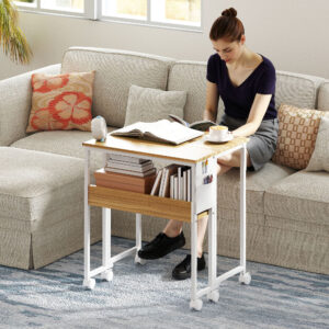 Foldebord Lille 63 cm Foldebord med Hjul Pladsbesparende Computerbord med Hylde, Opbevaringspose, til Hjemmekontor, Naturlig