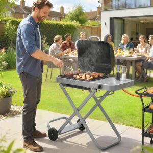 Bærbar gasgrill, 1 brænder, 2,5 kW, grillvogn med foldbar vogn, grillrist, sidebord, låg, termometer