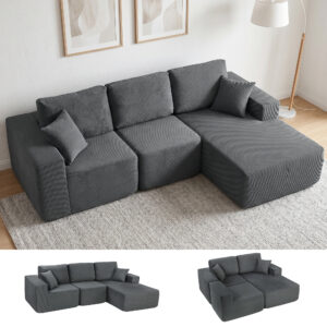Modulær hjørnesofa, L-formet sovesofa med dybt sæde, brede armlæn, 2 hynder, mørkegrå