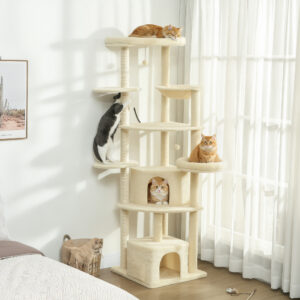 2 meter højt kradsetræ til 2-3 katte, kradsetræ, huler, hængekøje, skjulesteder, design i flere niveauer, sisal, træ, plys, beige
