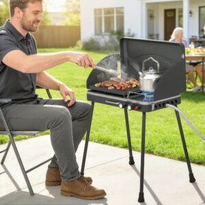 Bærbar gasgrill, 2 brændere, 7 kW, 2-i-1 bordgrill med stegefunktion, foldbare ben, grillrist, vindskærm, låg og låsemekanisme.