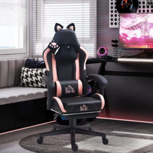Gamingstol med katteører, lænelæn, udtrækkelig fodstøtte, op til 120 kg, pink/sort
