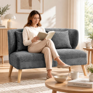 2-personers sofa, lille chenillesofa med ryglæn, tykt sæde, gummitræfødder, grå